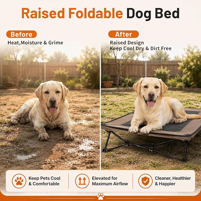Foldable Elevated Dog Bed for Large Dogs, No-Assembly Raised Dog Cot, Portable Outdoor Cooling Bed with Breathable Teslin Mesh, Anti-Slip Feet, Sturdy Frame Supports 150 lbs, Indoor, Camping
