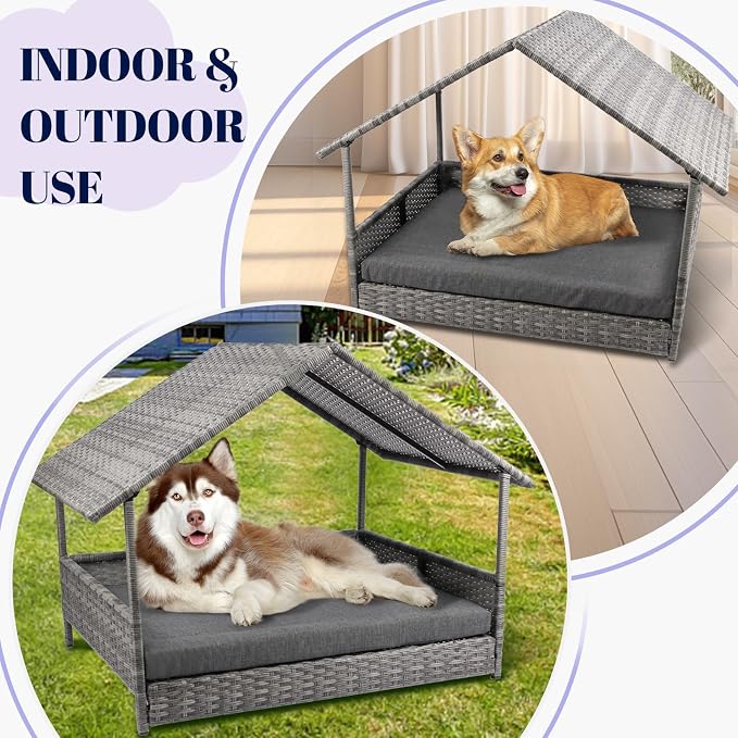 Wicker Dog House, Elevated Rattan Dog Bed with Canopy, Large Dog House Outdoor with Water Resistant Cushion, Outside Rattan Dog House for Dogs with Protective Cover, Grey