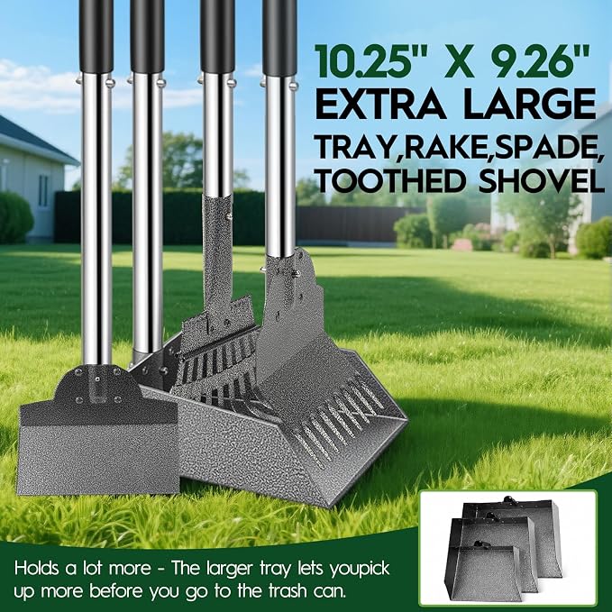 Dog Pooper Scooper for Large Dogs，10.25"X9.26" Extra Large Tray | Free with three extension rods, Reduce the frequency of garbage trips, for Large, Medium, Small Dogs & Multi-Dog Households