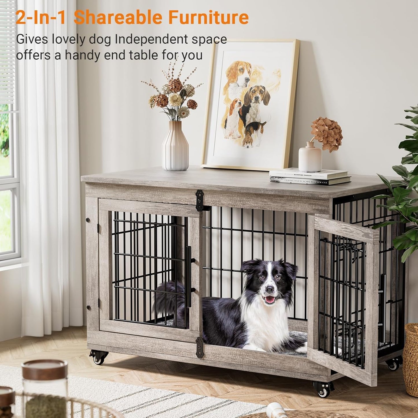 Lulive Dog Crate Furniture Set of 2, Dog Kennel Indoor Double Doors Wooden Dog Cage, 38'' Heavy Duty Dog Crate with Cushion & Wheels, End Table Pet House Chew-Resistant Up to 70 lb, Grey
