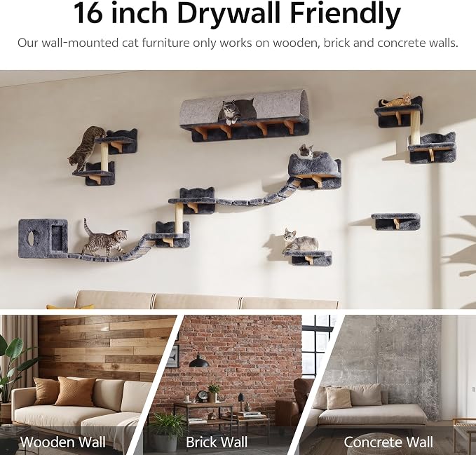 Cat Wall Furniture, 16 in 1 Cat Shelves w/Tunnel & Bridge, Grey | Wall Mounted Cats Shelf Set with Plush Fabric, Cat Climbing Wall Systems for 16 Inch Drywall, with Scratching Posts, Condos