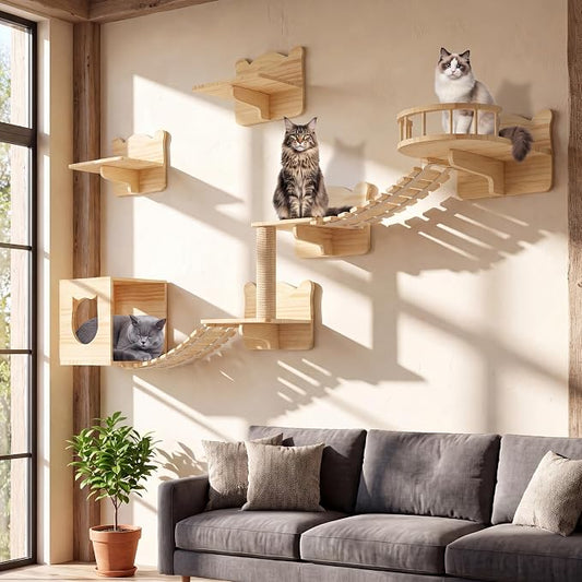 Cat Wall Shelves, 9-in-1 Wood Cat Wall Furniture Set, Burlywood | Cat Climbing Systems for Space-Saving, Wall Mounted Cats Shelves for 16 Inch Drywall, with Scratching Posts, Bridge, Condos