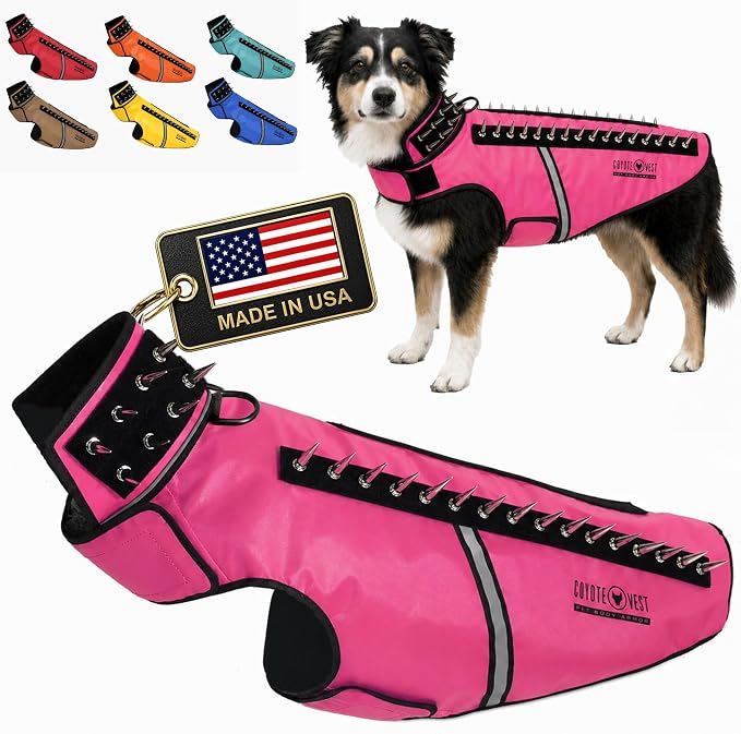 CoyoteVest SpikeVest Dog Harness, Made in the USA, L-Neon Pink | Stab-Resistant Protective Vest | Coyote Vest for Dogs | Defends Against Coyotes, Dogs, Birds of Prey | Reflective Safety