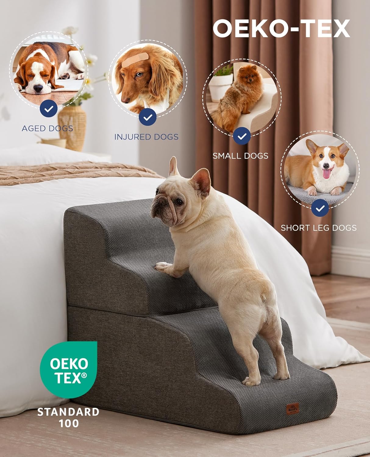 Beige Curved Dog Stairs Ramp for Small Dogs & Cats 17" H, 3-Step Dog Steps for Couch Sofa and Chair, Pet Stairs for Cats, Non-Slip Balanced Pet Steps