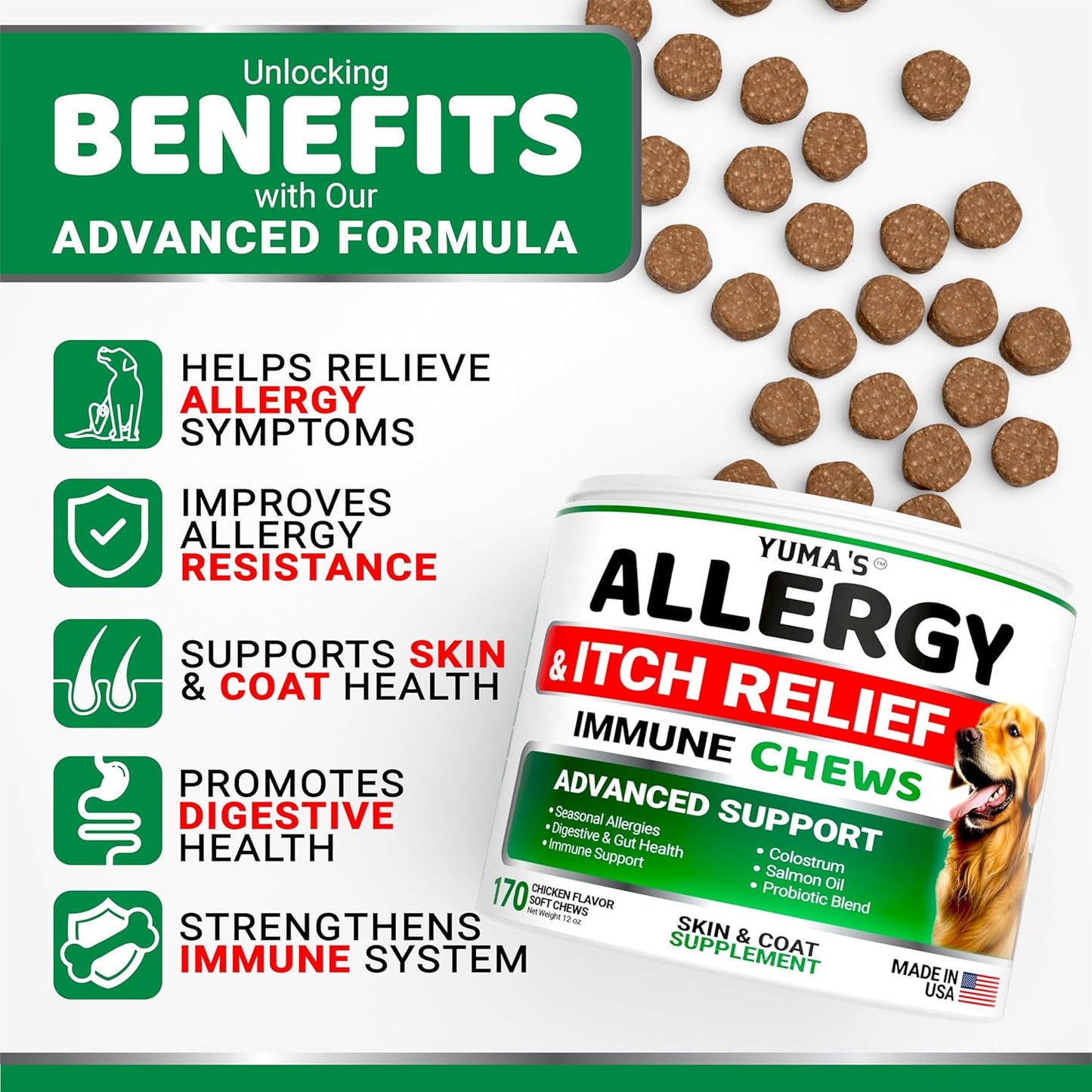 Dog Allergy Relief Chews - Dog Itching Skin Relief Treatment Pills - 170 Treats - Anti-Itch Chewables - Itchy and Paw Licking - Hot Spots - Omega 3 Fish Oil - Dry Skin & Coat Supplement