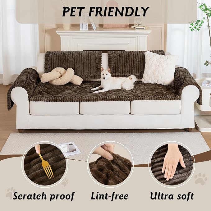 PuTian 100% Waterproof Fuzzy Couch Cover for Dogs Brown 27.6"x59" | Pet Friendly Dog Mat for Couch, Waterproof Sofa Protector, Scratch Resistant Furniture Cover for Dogs, Machine Washable