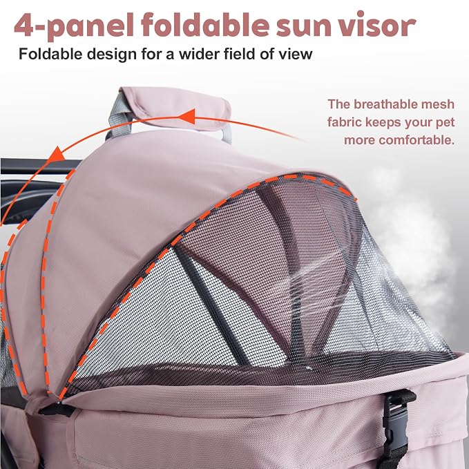 4 Wheels Foldable Pink Pet Stroller with Waterproof Cover, Storage Basket & Cup Holder, Breathable Visible Mesh for All-Season, for Small/Medium Dogs and Cats