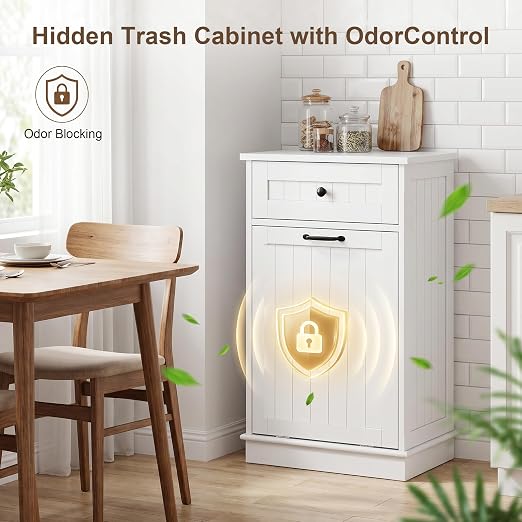 13 Gallon Tilt Out Trash Can Cabinet with Drawer, Hidden Trash Bin Storage | Cabinet with Drawers for Kitchen, Bathroom and Laundry Room
