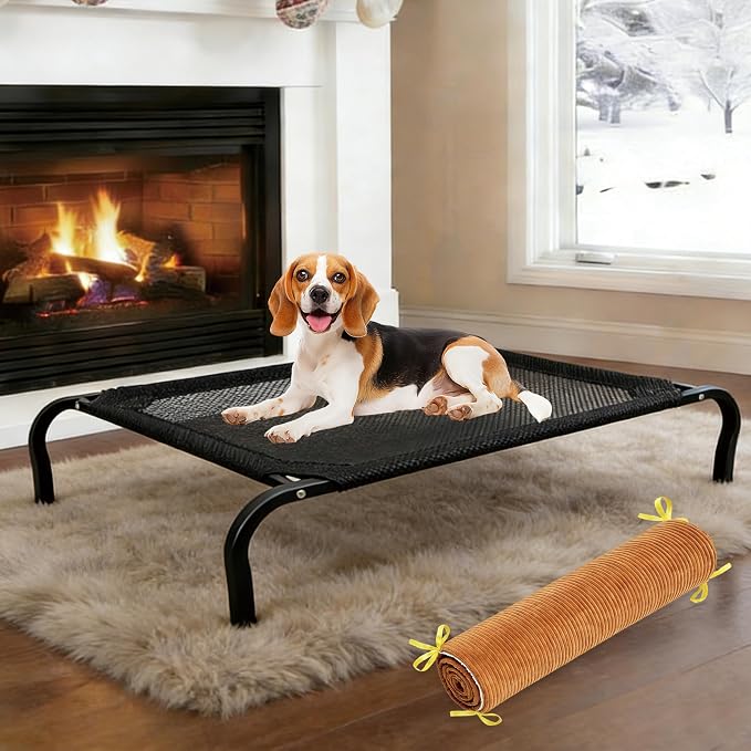XCL Elevated Dog Bed for Large Dogs, Cooling Raised Dog Bed, Outdoor and Indoor Breathable Mesh Non-Slip Frame Pet Beds, Easy Clean, Installation, Equipped with Pet Cushion, 40In (Black, Large)