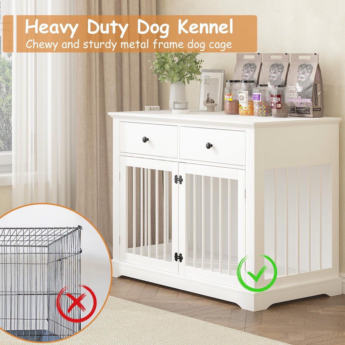 Dog Crate Furniture, 44 Inch Wooden Dog Kennel Indoor with 2 Storage Drawers, Heavy Duty Large Crate Furniture, Decorative End Table Cage Furniture for Small/Medium/Large (White)