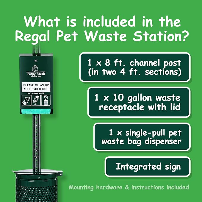 Regal Pet Waste Station - 8ft Green Steel Dog Waste Station - Includes a Dispenser (Holds up to 600 Single-Pull Poop Bags), a 10gal Trash Receptacle with Lid, and a 12"x18" Sign