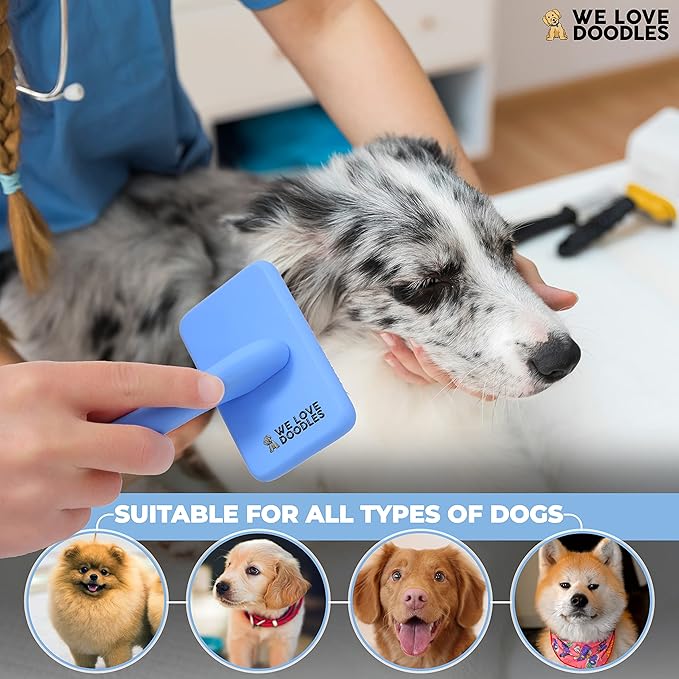 We Love Doodles Small Dog Face Grooming Comb and Small Slicker Brush Bundle - Tear Stain Remover For Dog Eye Boogers - Long Pin Brush For Dematting - Pet Eye Brush - Combs For Grooming - Made in USA