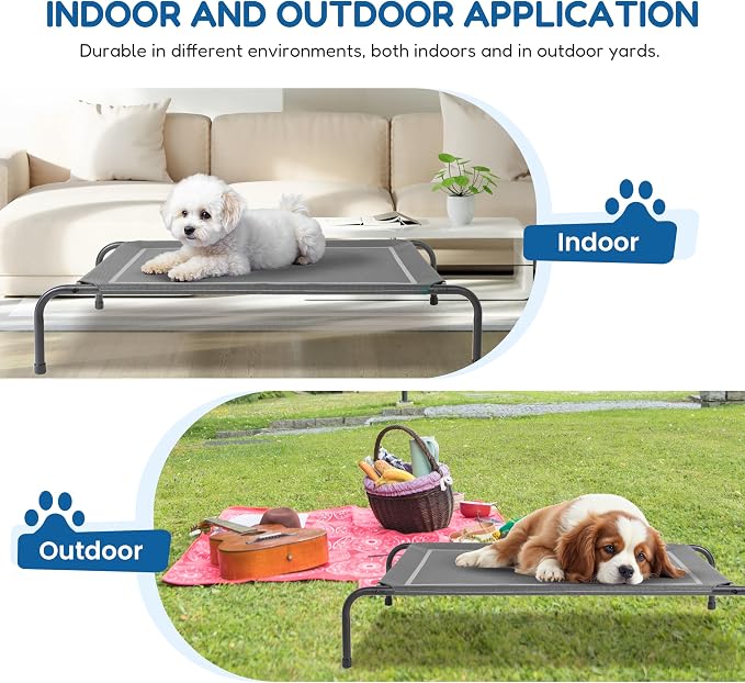Cooling Elevated Dog Cot Bed Outdoor Raised Portable Dog Beds No-Slip Feet Portable Durable Pet Hammock Bed, 42x25.2x8 Inch, Grey