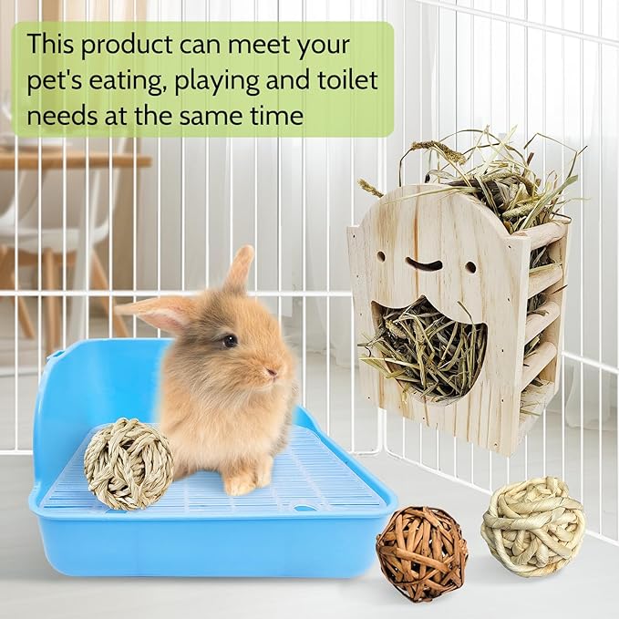 PINVNBY Rabbit Litter Box for Cage Wooden Guinea Pig Hay Rack Feeder Potty Trainer Corner Bunny Litter Box Pet Toilet with Cleaning Set for Guinea Pigs Ferret Rabbits Chinchilla