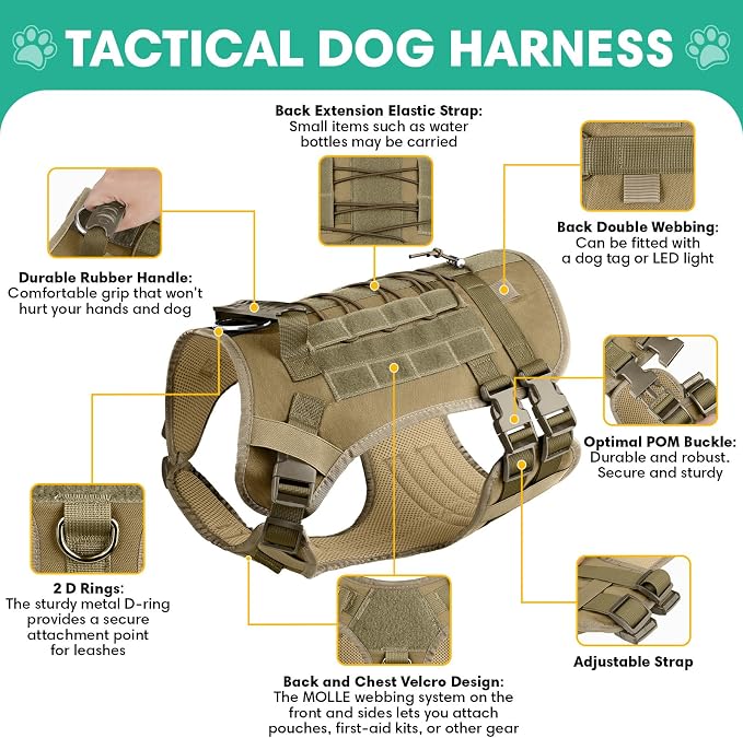 YooxArmor No Pull Dog Harness and Leash Set, Tactical Adjustable for Small Sized Dog, Easy Walk Soft Vest Padded Oxford for Training Hiking (Khaki-S)