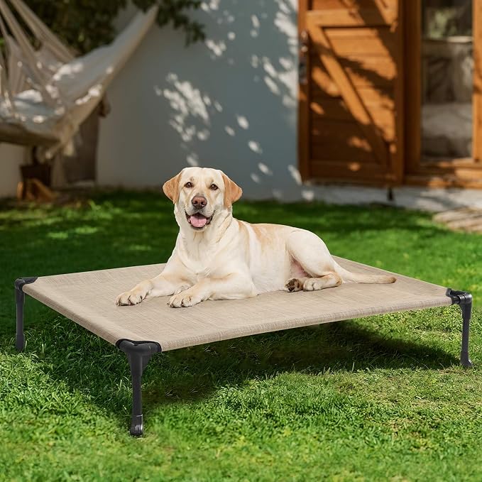 Veehoo Outdoor Elevated Dog Bed Large Sized Dogs, Cooling Raised Dog Cots | Off-ground training platform, portable camping hammock, breathable mesh, easy to clean, no-tool setup, 42"x30", Beige Coffee