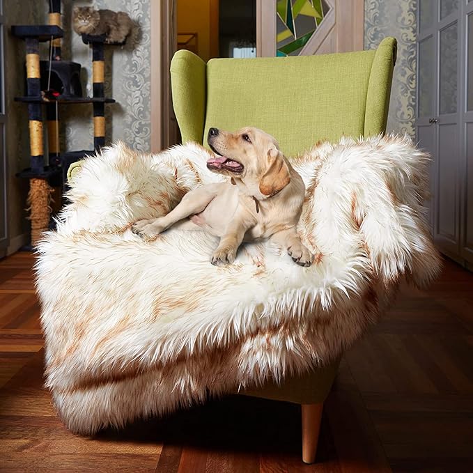 Waterproof Dog Blanket for Small, Medium & Large Dogs – Faux Fur Pet Throw for Couch, Sofa, Bed & Car – Soft, Washable, Stain-Resistant, Durable Cover – White w/Brown Tips – 80" x 60"