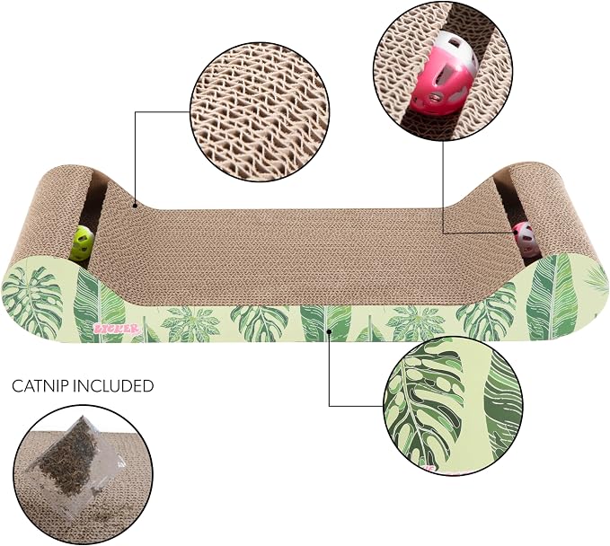 Rini 23.75" Modern Corrugated Cardboard Lounge Bed with Built-in Bell Toys and Catnip, Ergonomic Curved Sofa Scratcher for Indoor Cats, Mint/Green, (Set of 2) CSR1003E-SET2