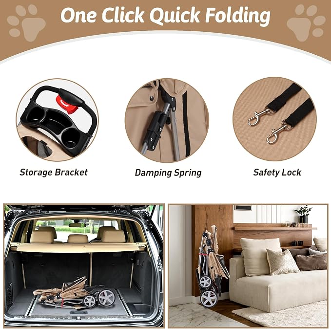 Pet Stroller, 4 Wheels Pet Strolling Cart for Medium/Small Dogs and Cats, Foldable Cat Jogger/Dog Stroller with Cup Holder, Storage Basket, Breathable Mesh, All-Season Pet Carrier, Khaki