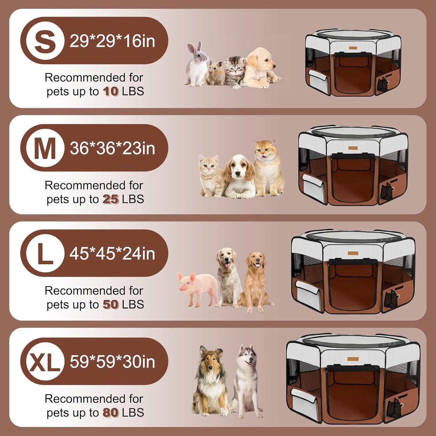 Dog Playpen, Portable Pet Play Pen for Cat, Puppies, Rabbits, Chickens, Foldable Large-Capacity Pet Tent for Indoor/Outdoor Travel Camping Brown