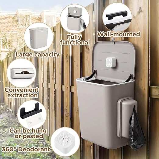 Mifoci Dog Poop Trash Can Outside, 2.4 Gallon Wall Mount Small Pet Waste Bin with Trash Bag Dispenser, Activated Carbon Odor Control, Small Pet Waste Bin with Lid for Fence Garbage Outdoors
