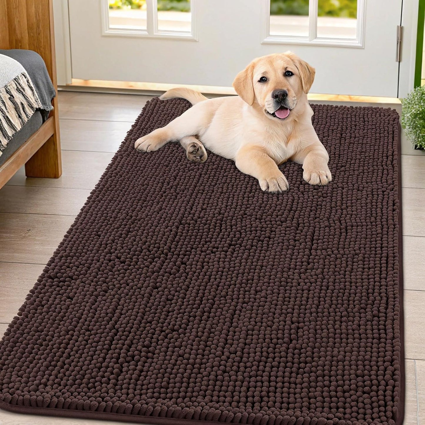 Smiry Dog Door Mat for Muddy Paws 47x32, Absorbs Moisture and Dirt Doormat, Non-Slip Washable Quick Dry Chenille Front Door Mat Indoor Entrance, Entryway Carpet for Inside Floor, Brown