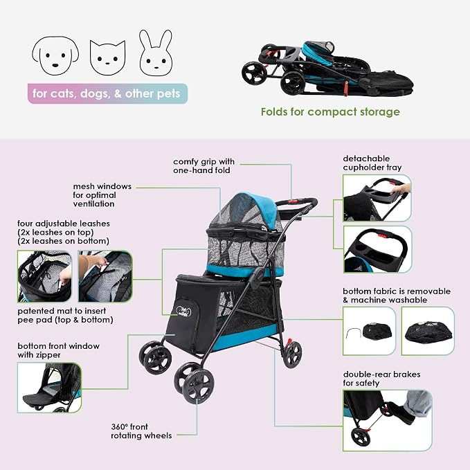 Double Decker Pet Stroller - Black: Dual Bassinets for Multiple Pets, Removable Pee Pads, Adjustable Leashes, Mesh Windows, Swivel Wheel, One-Hand Fold, Lightweight, for Small/Medium Dogs/Cats/Pets