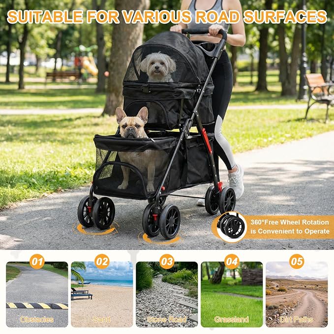 Foldable Double Pet Stroller with Lockable Wheels, Tear-Resistant Fabric | Double Pet Stroller for Dogs and Cats,Cat Strollers for 2 Cats,Double Dog Stroller for 2 Small Medium Dogs,4 Lockable Wheels