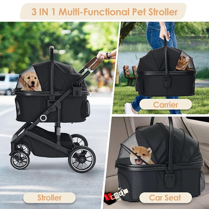 TODEFULL Pet Stroller with 4 Wheels, 3 IN 1 Folding Puppy Strollers for Small/Medium Dogs Cats up to 50lbs, Lightweight Pet Travel Carrier with Detachable Cushion, Storage Basket and Cup Holder, Black