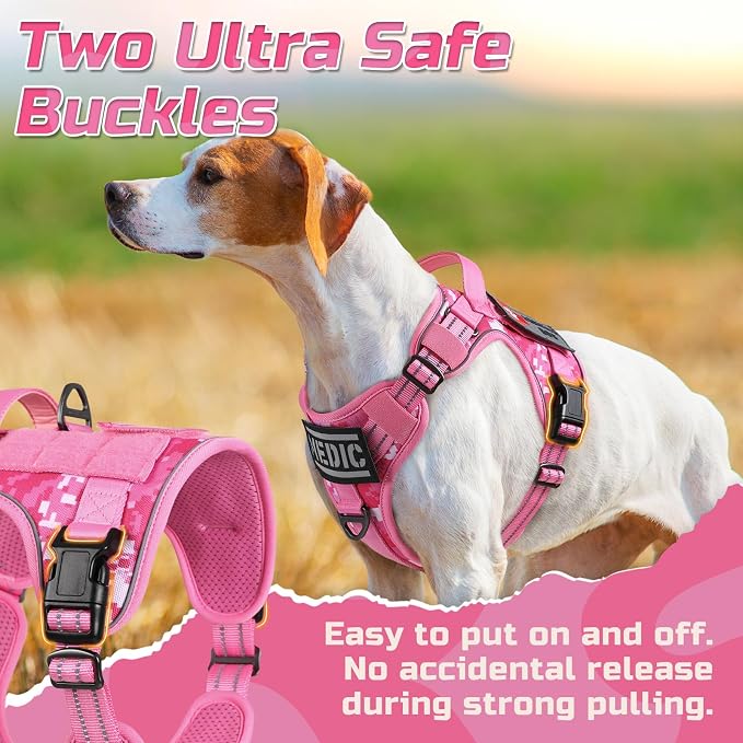 rabbitgoo Tactical Dog Harness for Medium, No Pull Military Service Vest | Molle & Handle, Heavy Duty, Adjustable, Reflective Straps, Easy Control for Training Walking, Pink camo, Medium