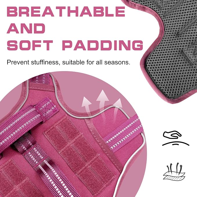 Dog Harness Medium Sized Dog, No Pull Dog Vest with Molle System | Tactical, Easy Control With Handle, Breathable Soft Padded, Adjustable, Reflective, No Choke for Walking, Pink Medium