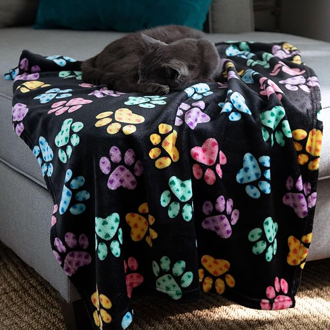 Pet Dog Cat Blanket Ultra Soft Cozy Fleece Paw Print Design Machine Washable Durable for Crates Beds Sofas Travel (Rainbow Paws, Large)