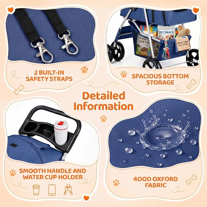 ZENY Foldable Pet Stroller, Cat/Dog Stroller with 4 Wheel, Pet Travel Carrier Strolling Cart with Storage Basket, Cup Holder (Navy Blue)