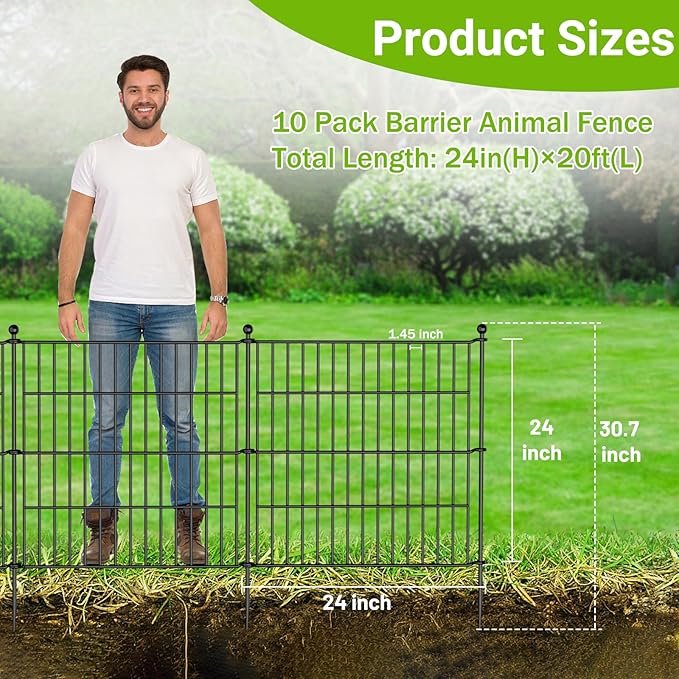 10 Panels No Dig Decorative Outdoor Garden Fence with Gate for Yard, 24 in(H) X 20 ft(L) Animal Barrier Fencing Rustproof Metal Wire Panel Border for Dog, Rabbits, and Patio Temporary Ground Stakes
