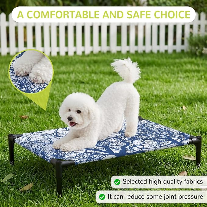 Outdoor Elevated Dog Bed for Large Dogs, Modern Tree Branches Breathable Cooling Raised Dog Cot for Indoor/Outdoor, Contemporary Sky Blue Botanical Waterproof Elevated Pet Beds, L 28 x 22 in