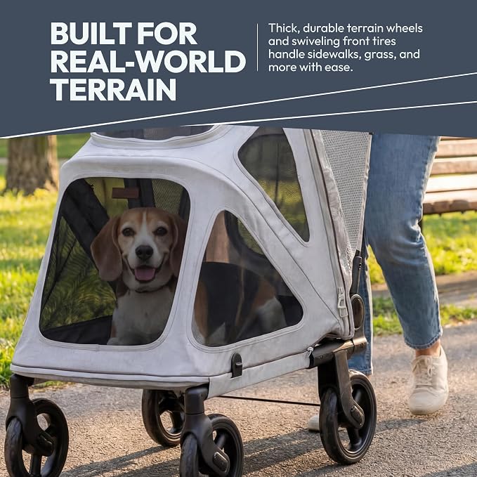 WonderFold Hudson Pet Stroller for Medium Pets - super FLATFOLD: Even the Wheels Fold In - GRAY, MEDIUM