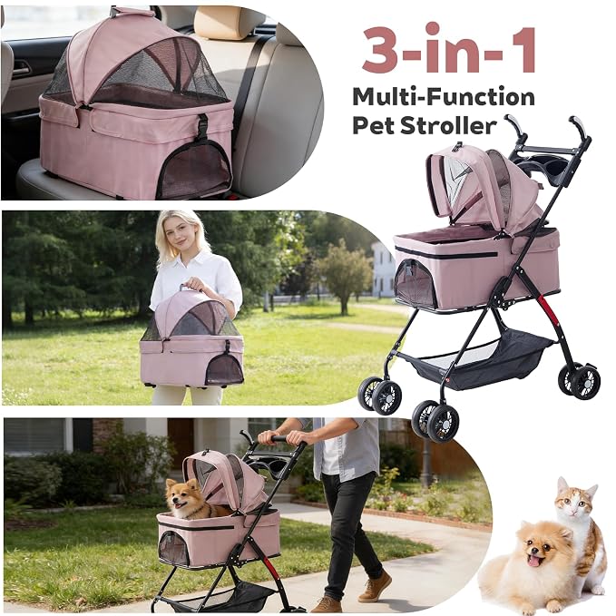 4 Wheels Foldable Pink Pet Stroller with Waterproof Cover, Storage Basket & Cup Holder, Breathable Visible Mesh for All-Season, for Small/Medium Dogs and Cats