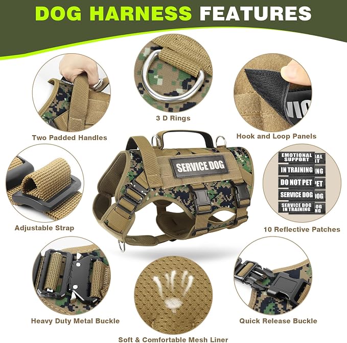 Service Dog Vest Harness for Large Dog, Tactical Working MOLLE Vest with 10 Pet Patches, No Pull Heavy Duty Harness for Training Walking