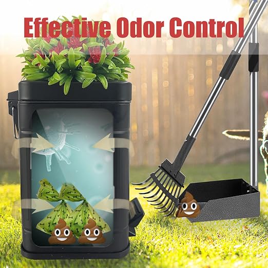 Metal Dog Poop Trash Can Outside - Small Outdoor Garbage Can with Pedal | Stainless Steel Dog Waste Container with Lid - Decorative Trash Bin (Faux Plant) - Hidden Trash Bucket - Black & Flower