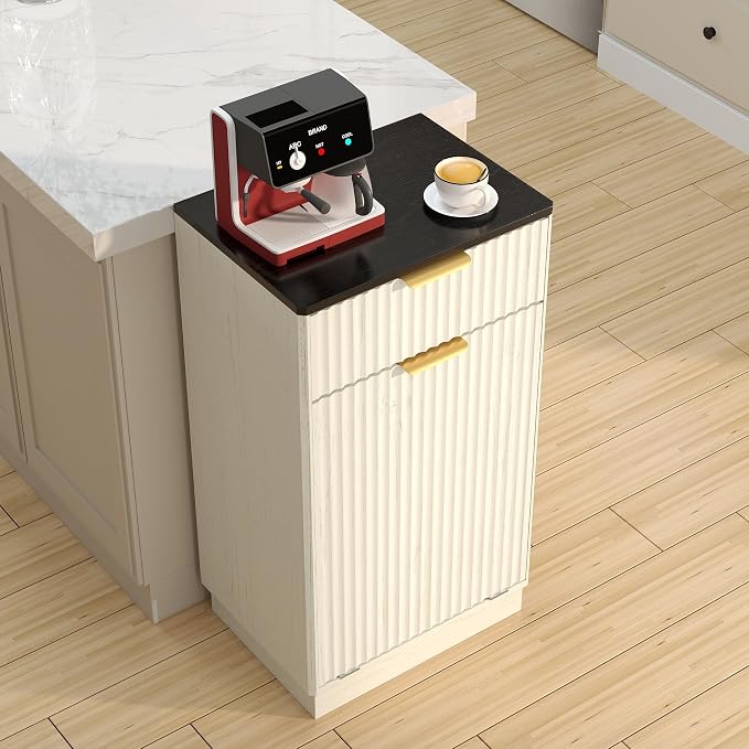 10-Gallon Single Tilt Out Trash Can Cabinet with Drawer,Kitchen Trash Can Cabinet Garbage Recycling Cabinet Wooden Dog-Proof Trash Cabinet for Dining Room and Kitchen,Laundry Room