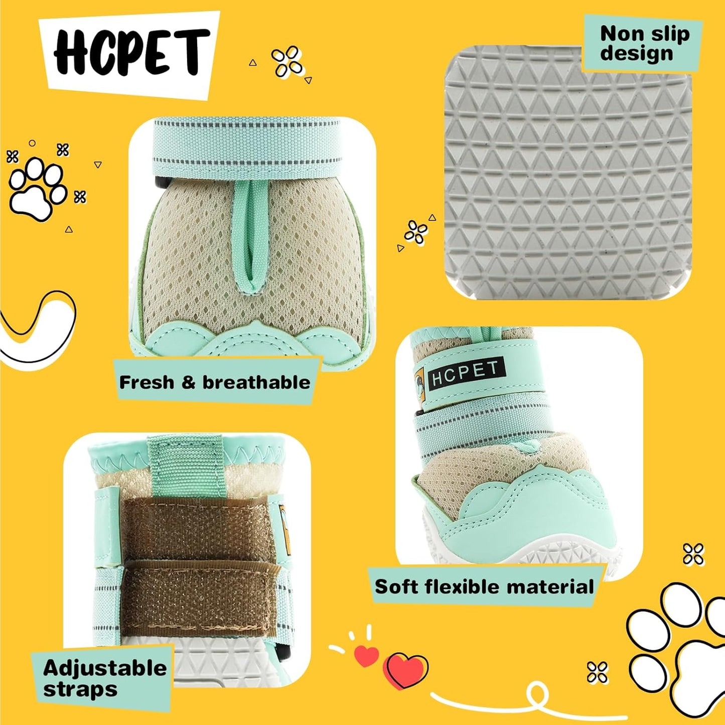 Hcpet Dog Shoes for Large Dogs, Breathable Dog Booties for Small Medium Dogs, Anti-Slip Dog Boots & Paw Protectors for Hot Pavement Winter Snow Hiking with Reflective Straps Green Size 2