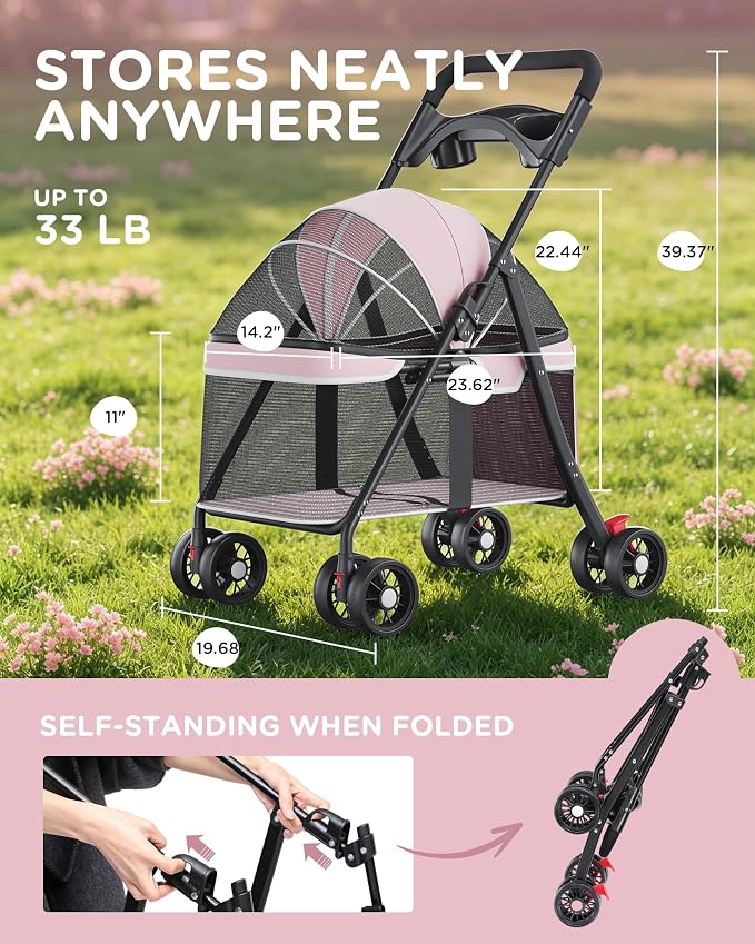 GTPLAYER Foldable Pet Stroller for Small Dogs and Cats, Holds Up to 33 lb, 4 Wheel, Full Mesh Ultra Breathable, Safety Tethers, Cup Holder & Poop Bags Included, Pink