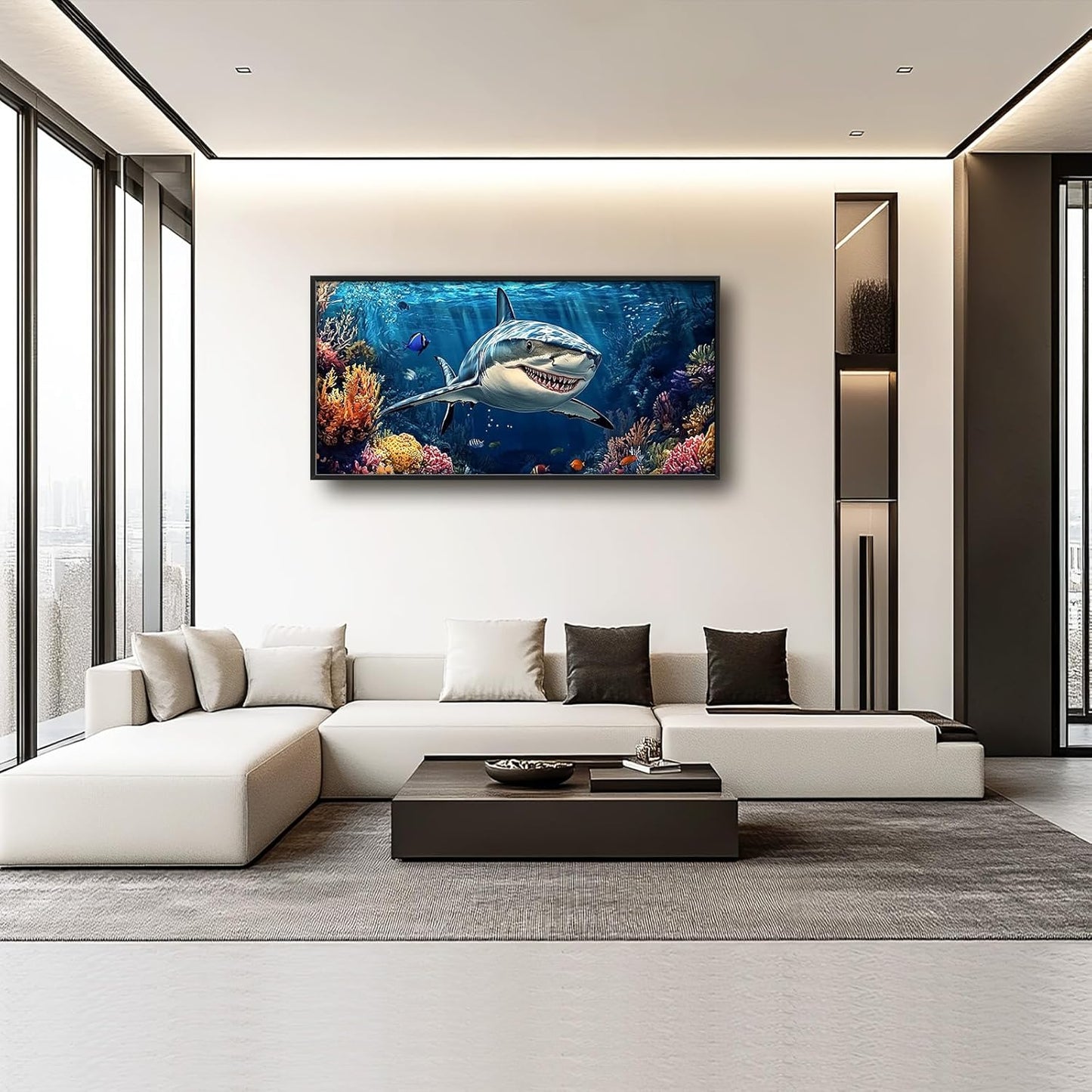 Large Ocean Shark Wall Art for Living Room, Framed Oversized Shark Fish Wall Decor Underwater Marine Life Canvas Painting Modern Artwork for Living Room Bathroom Bedroom Office Dining Room 60"x30"