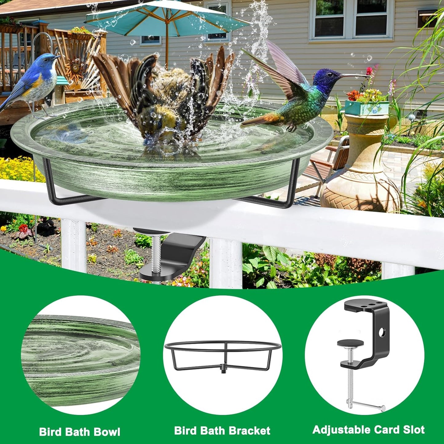 Deck Mounted Bird Bath for Outside, Detachable Birdbath Bowl with Sturdy Clamp, Outdoor Bird Baths Bowl for Attracting Birds Garden Yard Decor (Retro Green)
