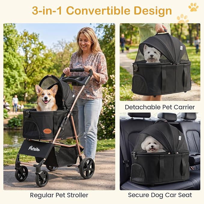 PETSITE 3-in-1 Pet Stroller for Small Medium Dogs, One-Click Foldable Dog Stroller with Detachable Carrier, Cup Holder & Storage Basket, Safety Leash, One-Step Rear Brake, Breathable Window (Black)