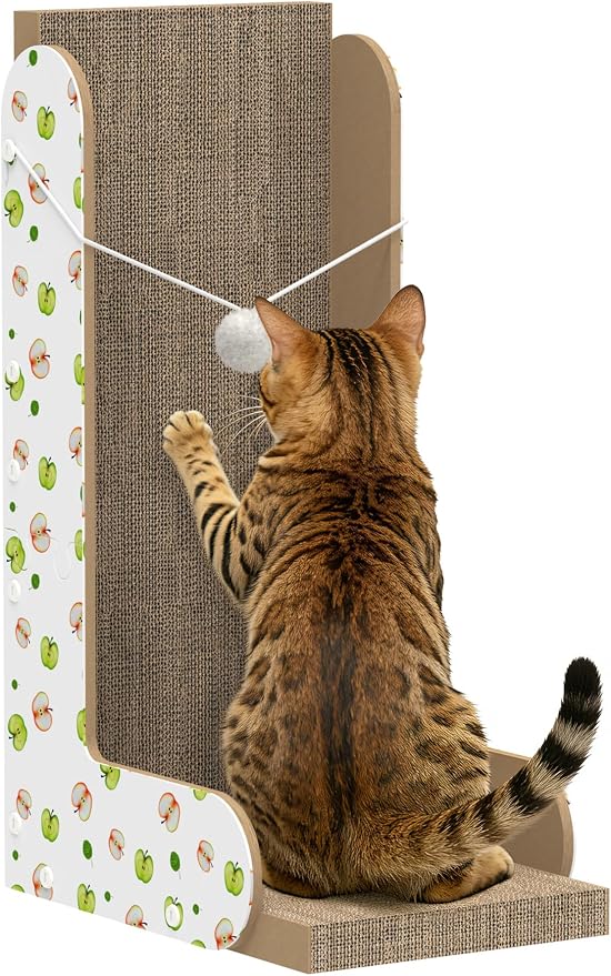 TIMHAKA Cat Scratcher, Large L-Shaped Cat Scratching Board for Indoor Cats, Double-Sided Cardboard Cat Scratcher with Ball Toy & Catnip, Vertical Cat Cat Scratcher Pad Wall Mounted, Big Size