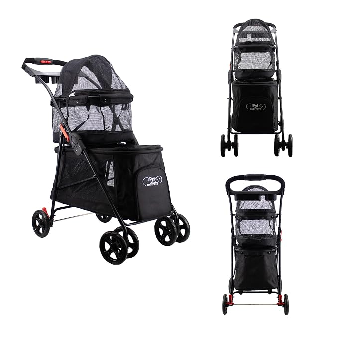Double Decker Pet Stroller - Black: Dual Bassinets for Multiple Pets, Removable Pee Pads, Adjustable Leashes, Mesh Windows, Swivel Wheel, One-Hand Fold, Lightweight, for Small/Medium Dogs/Cats/Pets