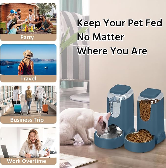2 Pack Automatic Cat Feeder and Dog Food Feeder, Gravity Stainless Steel Water Dispenser and Waterer Set for Small Medium Puppy Kitten Pets (1 Gallon x 2, Navy Blue)