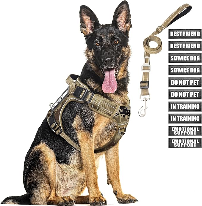 Tactical Dog Harness and Leash Set with 10 Patches for Large Dogs | Heavy Duty Adjustable No Pull Service Dog Vest with Dog Seat Belt,Reflective Easy Walk for Training Walking Hiking Camo XL