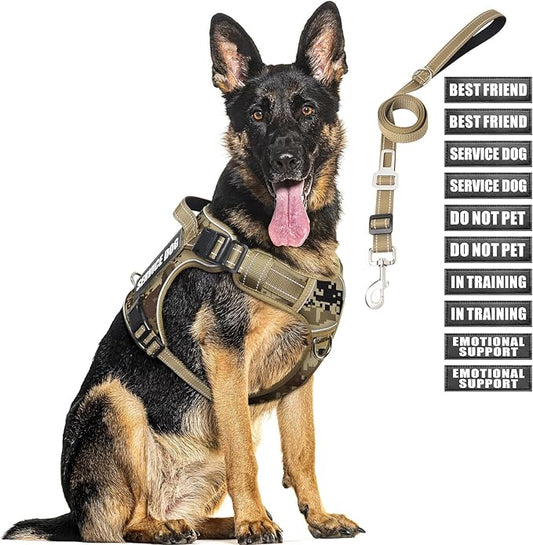 Tactical Dog Harness and Leash Set with 10 Patches for Large Dogs | Heavy Duty Adjustable No Pull Service Dog Vest with Dog Seat Belt,Reflective Easy Walk for Training Walking Hiking Camo XL